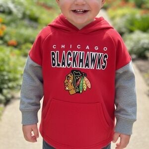 NHL Chicago Blackhawks Kids Red Grey Hooded Long Sleeve Shirt Logo Hockey Top